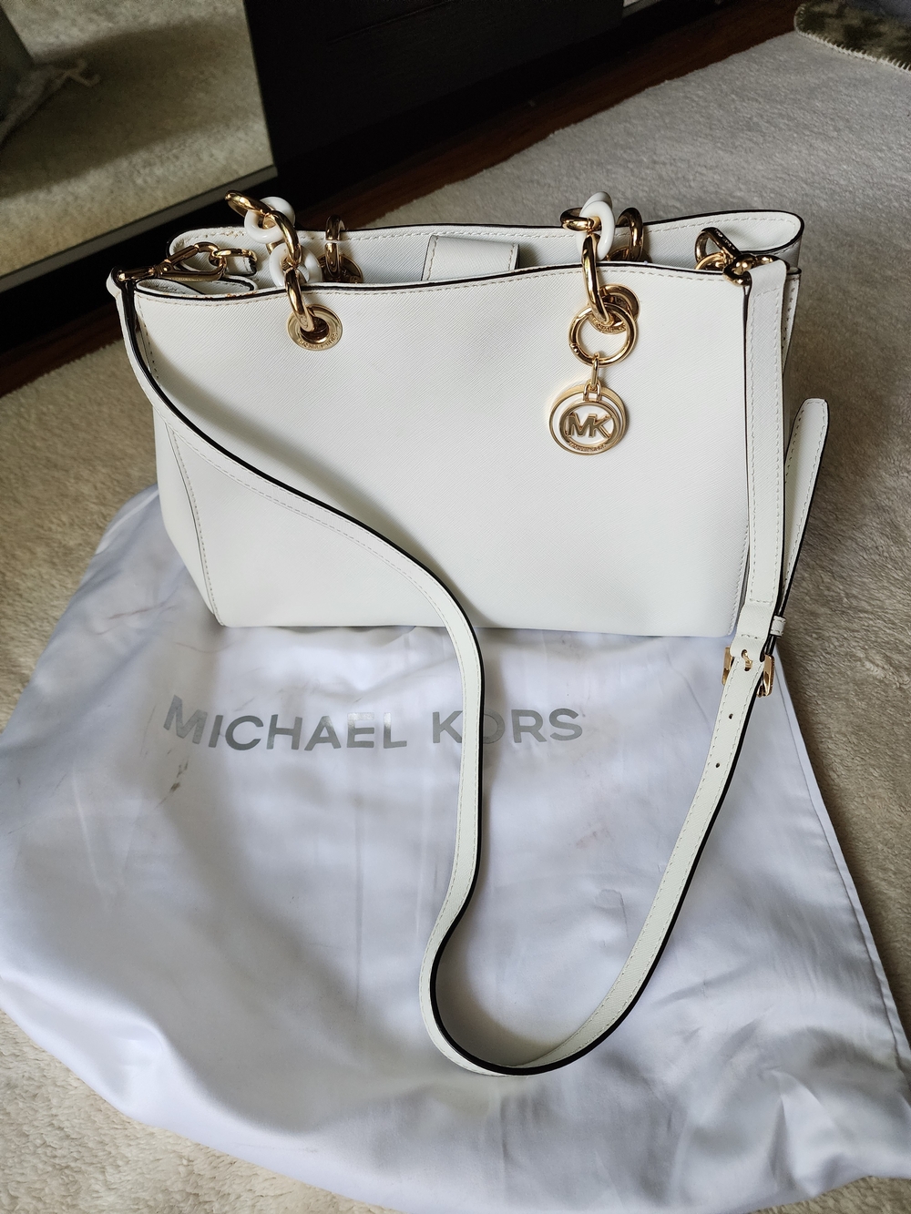 Michael Kors Cynthia White Leather Satchel with Gold Hardware